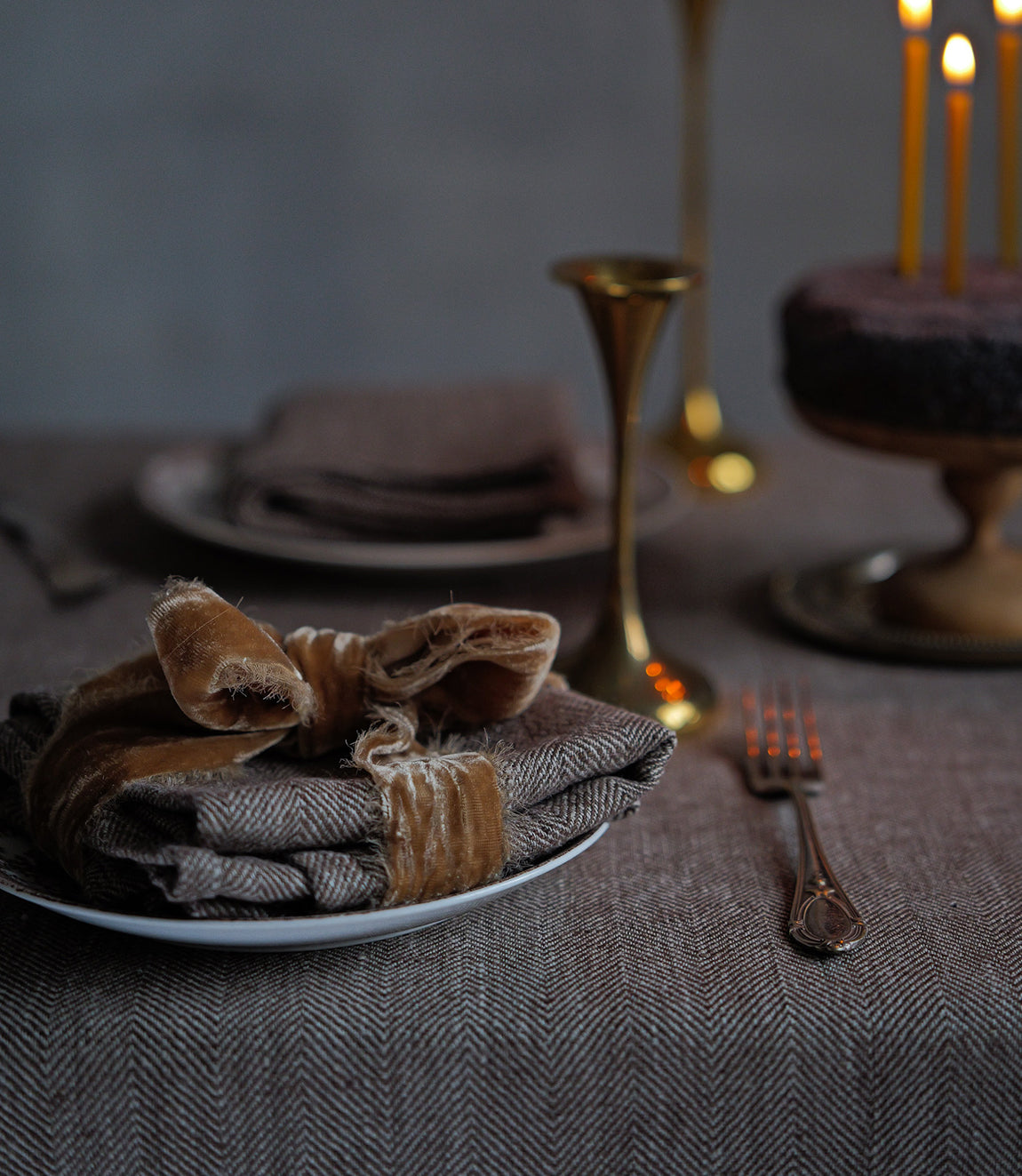 Linen Tablecloth Choco Natural Chevron