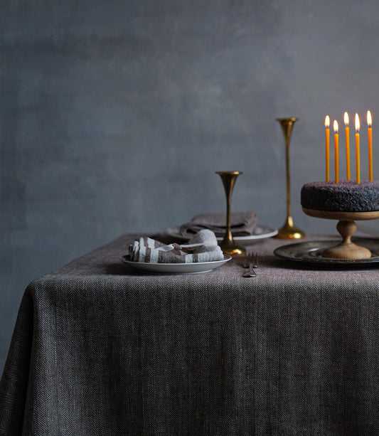 Linen Tablecloth Choco Natural Chevron